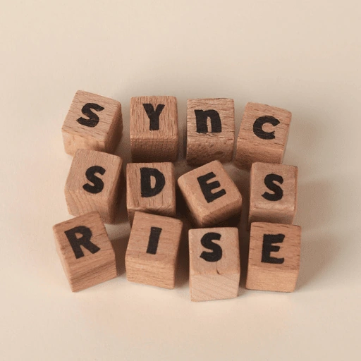 Edited wooden letter blocks spelling Sync SDEs Rise