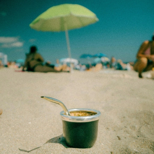 Beach cup scene with a straw